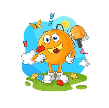 Baharda kürek topu çiçek topluyor. karakter vektosu