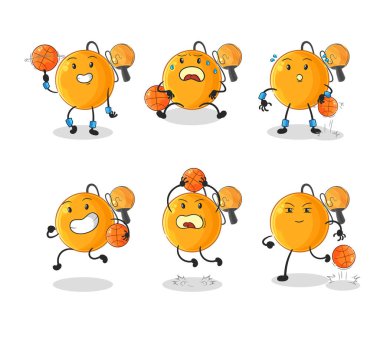 Raket basketbol oyuncusu grup karakteri. maskot vektosu