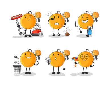 Kürek topu temizleme grubu karakteri. karikatür maskotu vektosu