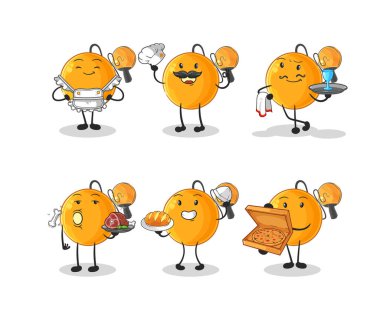 Raket topu restoran grubu karakteri. karikatür maskotu vektosu