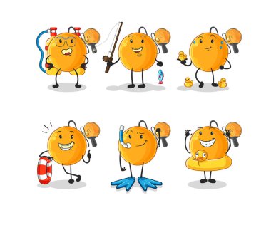 Kürek topu su aktivite grubu. karikatür maskotu vektosu