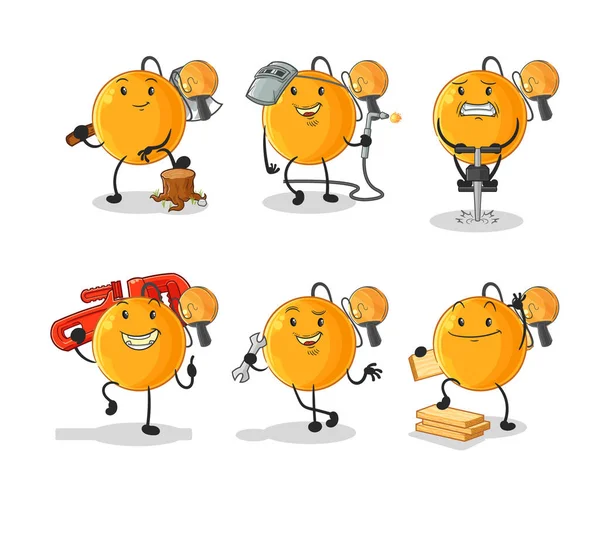 Paddle Ball Worker Set Character Cartoon Mascot Vecto — Stock Vector