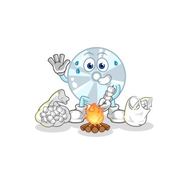 CD 'de marşmelov kızartılıyor. karikatür maskotu vektosu