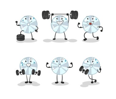 CD egzersiz seti karakteri. karikatür maskotu vektosu