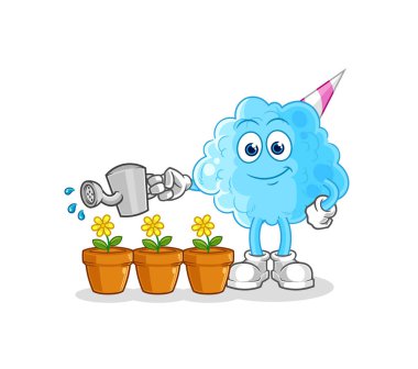 Pamuk helva çiçek maskotunu suluyor. çizgi film vektosu