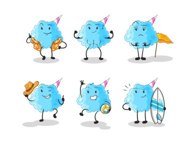 Pamuk helva plajı tatil seti karakteri. karikatür maskotu vektosu