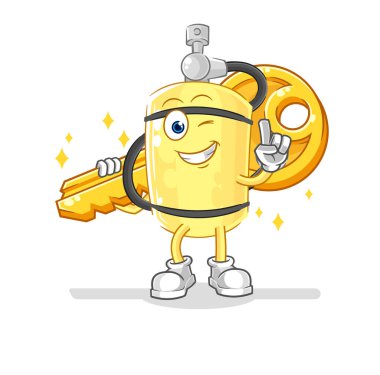 Dalgıç silindiri anahtar maskotu taşıyor. çizgi film vektosu