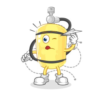 Kağıt uçak karakterli dalgıç silindiri. karikatür maskotu vektosu