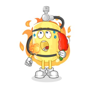 Dalgıç silindiri sıcak kırmızı biber maskotu yiyor. çizgi film vektosu