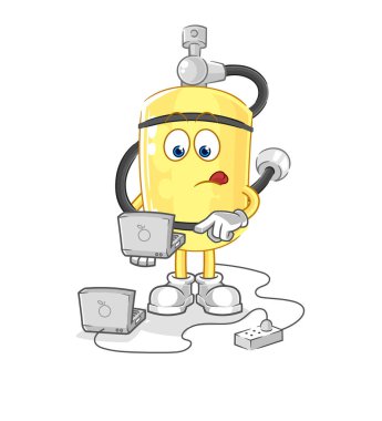 Dalış silindiri ve dizüstü bilgisayar maskotu. çizgi film vektosu