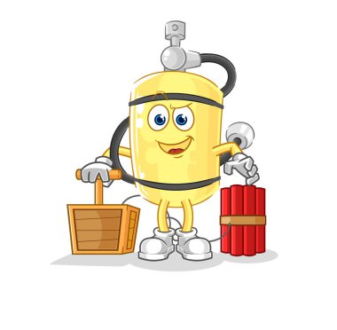 Dalgıç silindirinde dinamit fünyesi var. karikatür maskotu vektosu