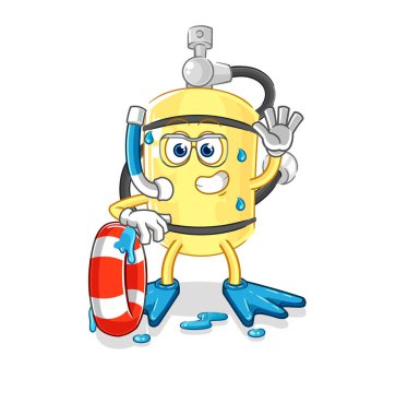 Şamandıra maskotlu dalgıç silindirli yüzücü. çizgi film vektosu