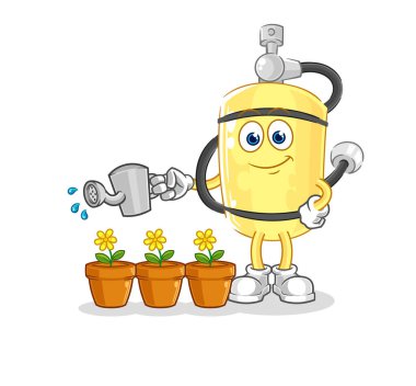 Dalgıç silindiri çiçek maskotunu suluyor. çizgi film vektosu