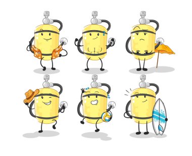 Dalgıç silindirli plaj tatili seti karakteri. karikatür maskotu vektosu