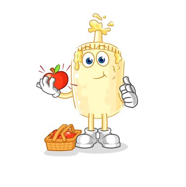 Elma çizimi yiyen mayonez. karakter vektosu