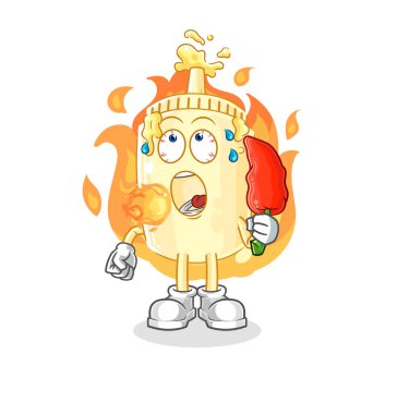 Mayonez sıcak kırmızı biber maskotu yer. çizgi film vektosu