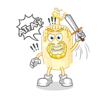 Mayonez şövalyeleri kılıçla saldırır. karikatür maskotu vektosu