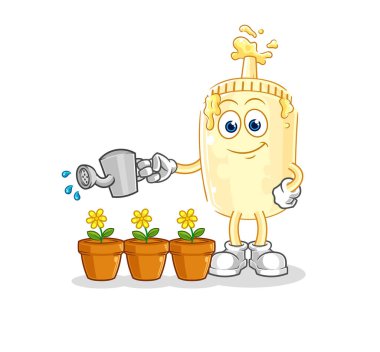 Çiçek maskotunu sulayan mayonez. çizgi film vektosu