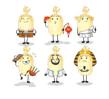 Mayonez dünya kültür grubu. karikatür maskotu vektosu