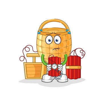 Dinamit taşıyan sepet karakteri. karikatür maskotu vektosu
