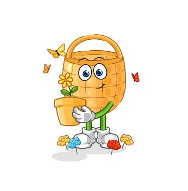 İçinde çiçek saksısı olan sepet. karakter vektosu