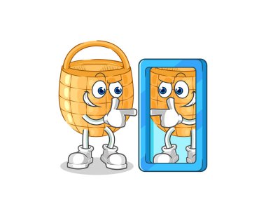 Sepet ayna karikatürüne bakıyor. karikatür maskotu vektosu