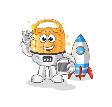 Sepet astronotu el sallıyor. karikatür maskotu vektosu
