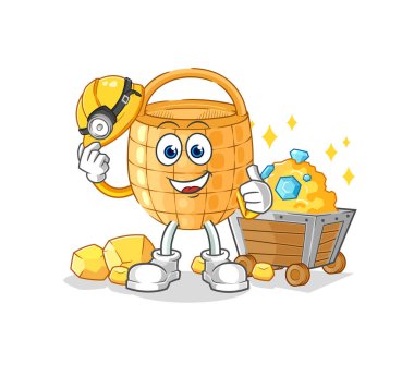 Altın karakteri olan sepet madencisi. karikatür maskotu vektosu