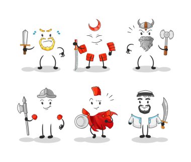 Sepet savaşçısı grup karakteri. karikatür maskotu vektosu