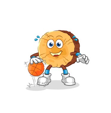 Yuvarlak kütük top süren basketbol karakteri. karikatür maskotu vektosu