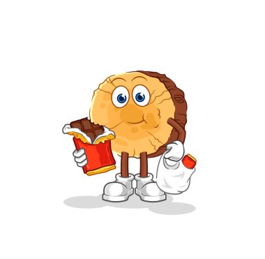 Yuvarlak kütük çikolata maskotu yer. çizgi film vektosu