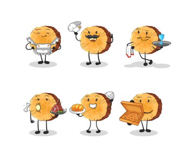 Yuvarlak günlük restoran grubu karakteri. karikatür maskotu vektosu