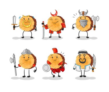 Yuvarlak günlük savaşçı grup karakteri. karikatür maskotu vektosu