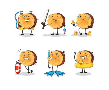 Yuvarlak günlük su aktivite grubu. karikatür maskotu vektosu