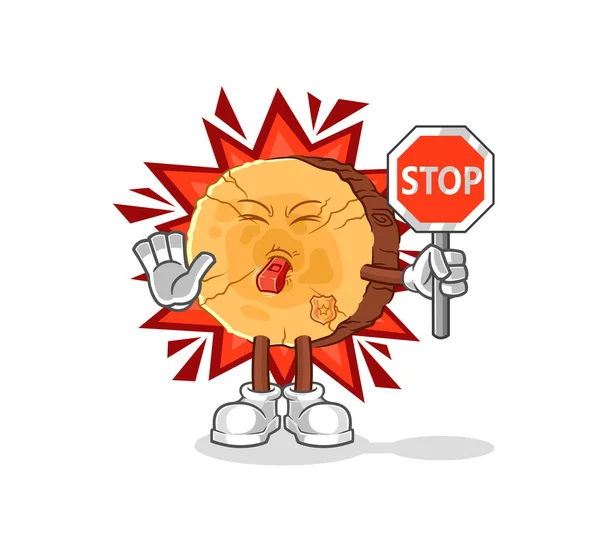 丸い丸太が停止標識を保持している 漫画マスコット ベクトル — ストックベクタ