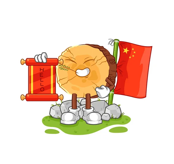 Ronde Log Chinese Cartoon Tekenfilm Mascotte Vecto — Stockvector