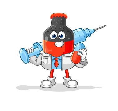 Kola doktoru elinde ilaç ve iğne tutuyor.