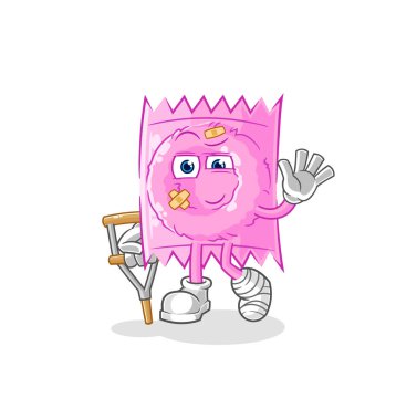 the condom sick with limping stick. cartoon mascot vecto