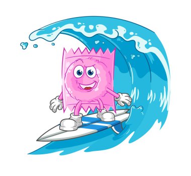 the condom surfing character. cartoon mascot vecto