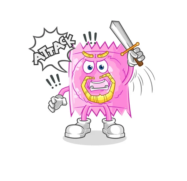 Condom Knights Attack Sword Cartoon Mascot Vecto — Stock vektor