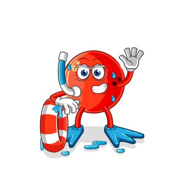 Şamandıra maskotlu bowling topu yüzücüsü. çizgi film vektosu