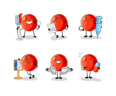 Bovling topu doktoru grup karakteri. karikatür maskotu vektosu
