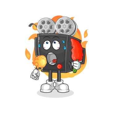 Film kamerası sıcak kırmızı biber maskotu yiyor. çizgi film vektosu