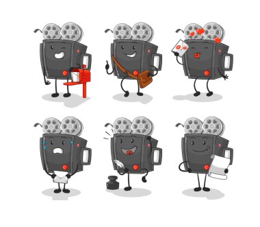 Film kamerası postacısı karakteri ayarlamış. karikatür maskotu vektosu