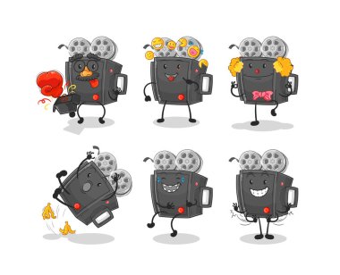 Film kamerası komedisi karakter belirler. karikatür maskotu vektosu