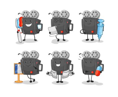 Film kamerası doktor grup karakteri. karikatür maskotu vektosu