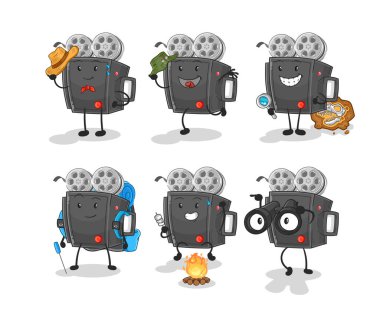 Film kamerası macera grubu karakteri. karikatür maskotu vektosu