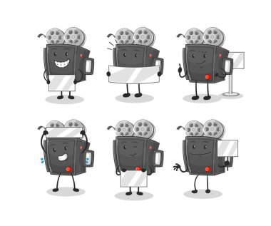 Film kamerası grubu karakterini tutuyor. maskot vektosu