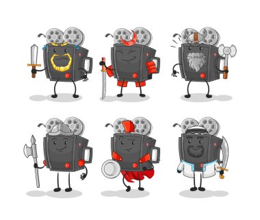 Film kamerası savaşçı grup karakteri. karikatür maskotu vektosu