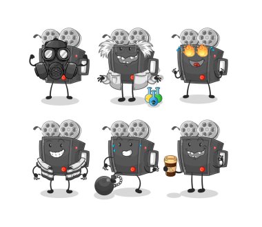 Film kamerası kötü adam grup karakteri. karikatür maskotu vektosu